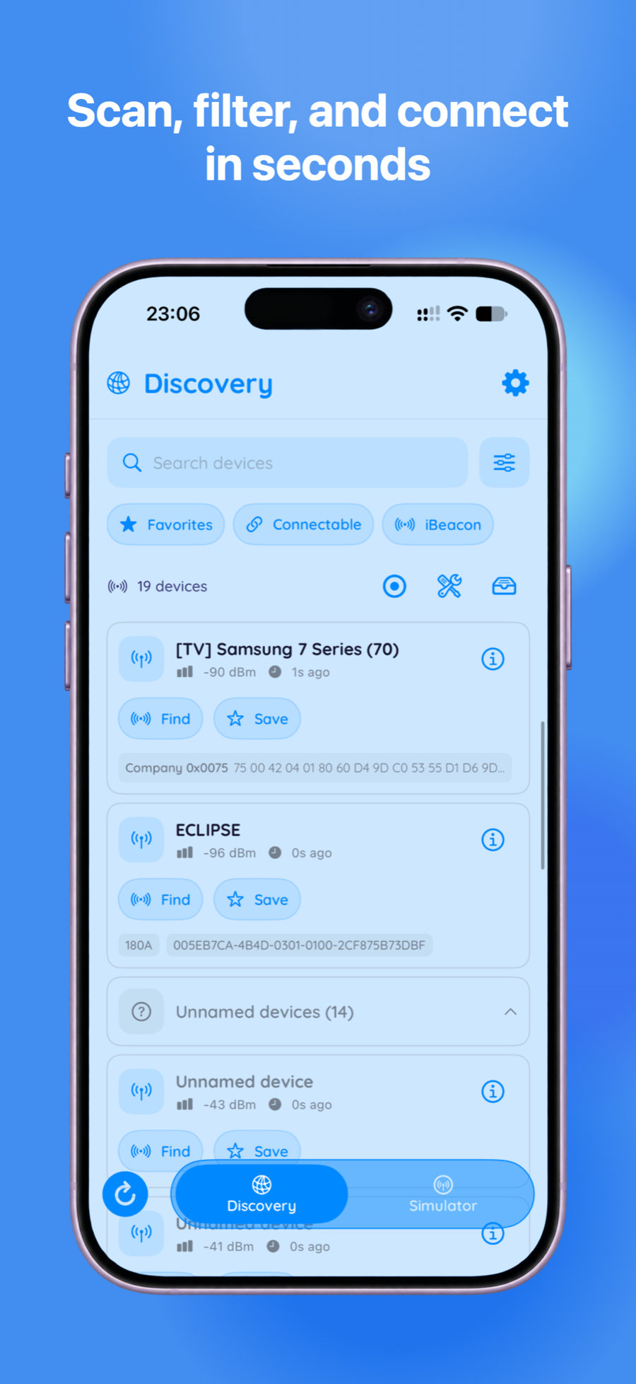 Discovery screen with search, filters, and nearby BLE devices