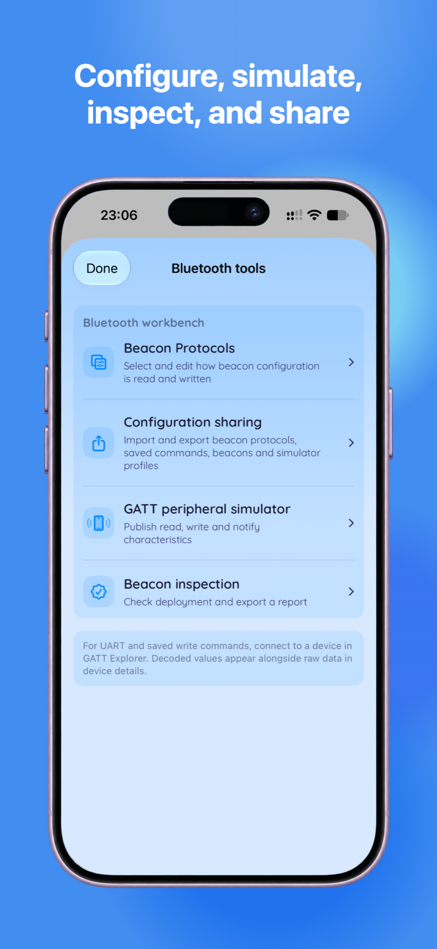 Bluetooth tools including protocols, configuration sharing, GATT simulator, and beacon inspection
