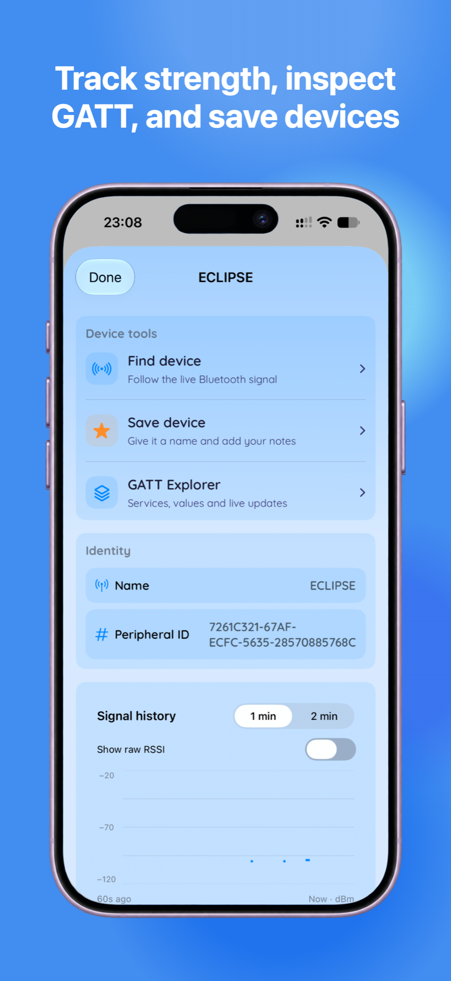 Device tools with signal history, saved device details, and GATT Explorer